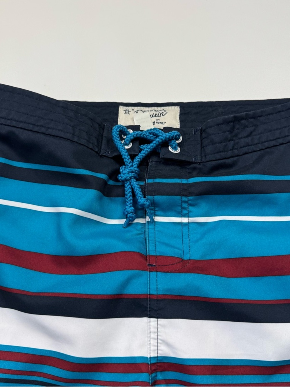 Original Penguin Men's Navy Stripe Swim Trunks with Teal & Maroon Size 32 - Picture 2 of 5